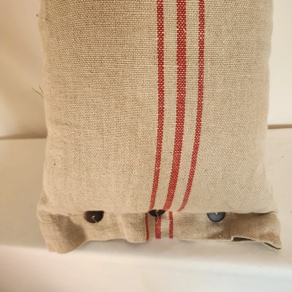 POTTERY BARN RED STRIPE LINEN HEMP FRENCH GRAIN SACK BUTTON PILLOW  16x26